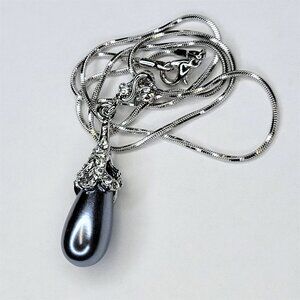 SILVERY Grey Pearl Teardrop Pendant Necklace and Chain